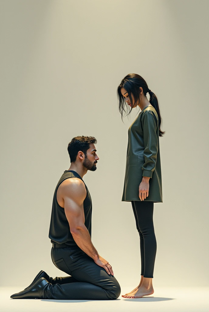 190cm tall man KNEELING on his knees in front of 159cm tall woman STANDING. THE MAN SHOULD BE KNEELING IN FRONT OF THE WOMAN AND THE WOMAN SHOULD BE STANDING IN FRONT OF THE MAN