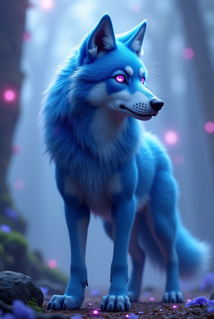Create a furry wolf with blue fur and light purple eyes and appearance if