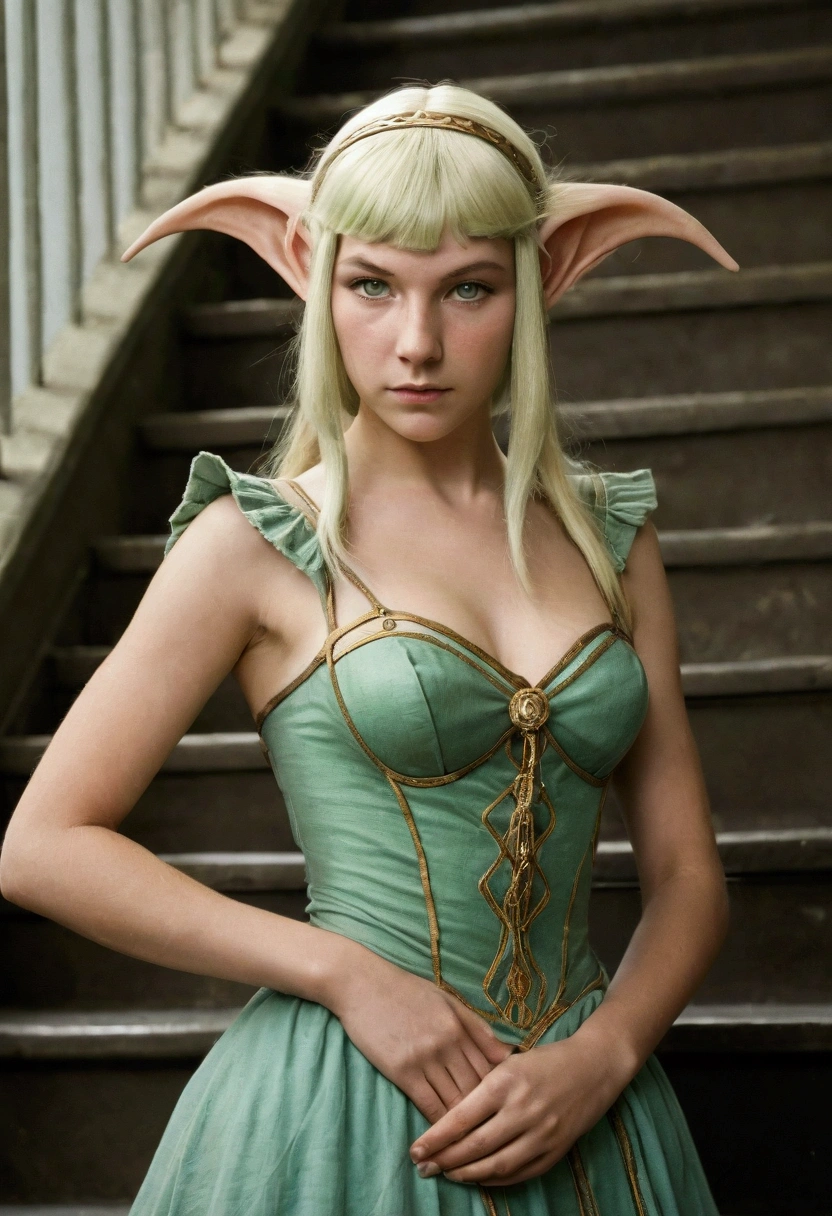 1910s analog film photograph, colorized photo of an elven maiden, 18-years-old, amazonian stature, thick-fit hourglass figure, busty breasts, toned, athletic, wearing a modern maid's dress, warm almond complexion, pointy elf ears, platinum blonde hair, light eyes, wild shaggy bob cut, resembles Taylorr Swift, posing on a flight servant stairs, RAW Photograph, dslr, soft lighting, high quality, film grain, Fujifilm XT3, detailed skin with visible pores, insane details, masterpiece, 8k, 35mm photograph, faded film, desaturated, grainy, vintage, Lomography, stained, highly detailed, found footage, long elven ears