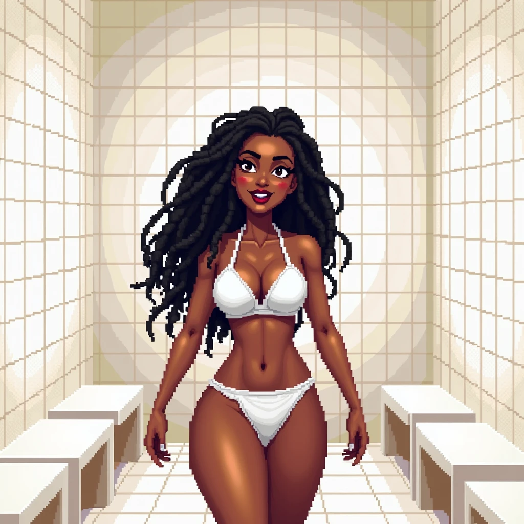 (masterpiece, best quality)), ((((perfect anatomy)))), Curvy Brazilian woman with tied back black dreadlocks, dark eye-shadow, dark red lipstick, dark brown eyes, white bra , (((white high cut cotton panties))), smiling, big hips, walking around in a locker-room, ((pixel art, pixel))