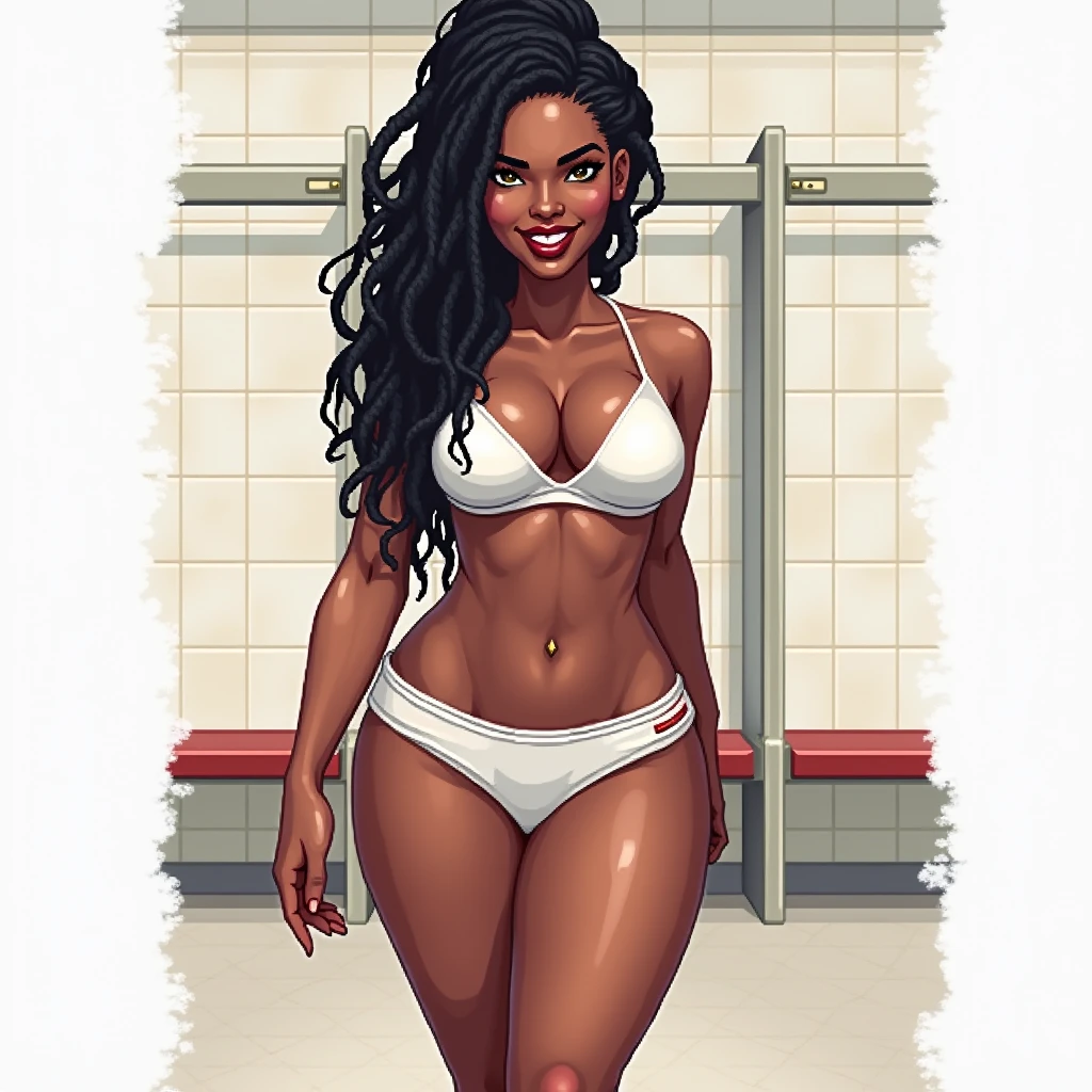 (masterpiece, best quality)), ((((perfect anatomy)))), Curvy Brazilian woman with tied back black dreadlocks, dark eye-shadow, dark red lipstick, dark brown eyes, white bra , (((white high cut cotton panties))), smiling, big hips, walking around in a locker-room, ((pixel art, pixel))