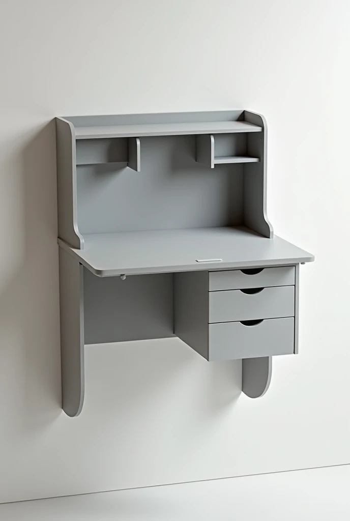 folding desk, stuck to the wall, gray color and that it is minimalist.
3 drawers in the horizontal part below and the other two to organize materials