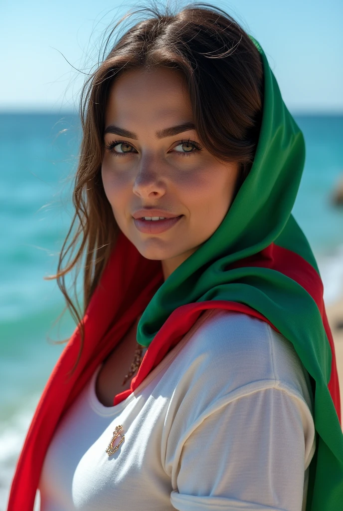 Close up, woman, fat, wearing a summer t-shirt, and on her shoulder the Algerian flag scarf, a detailed flag in all its colors and very fine, and she looks directly into the camera, she is standing on the blue sea shore