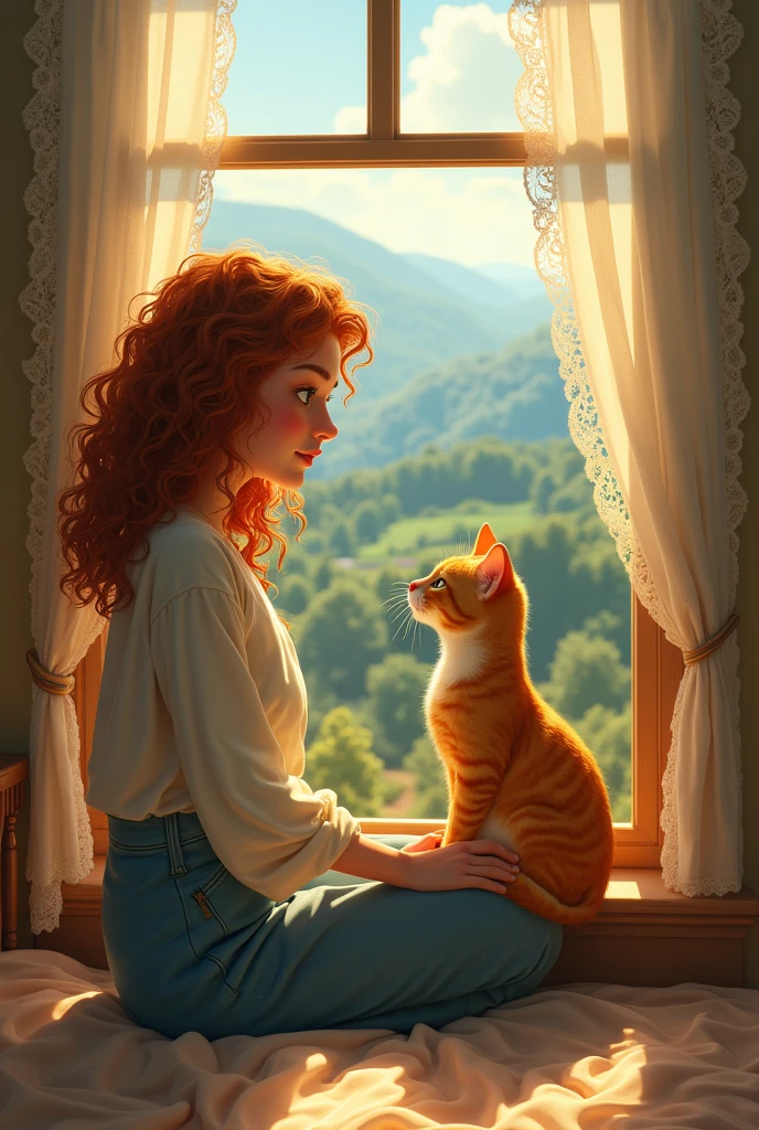  curly girl sitting on a bedroom window with an orange cat on her lap while looking at the landscape outside. 