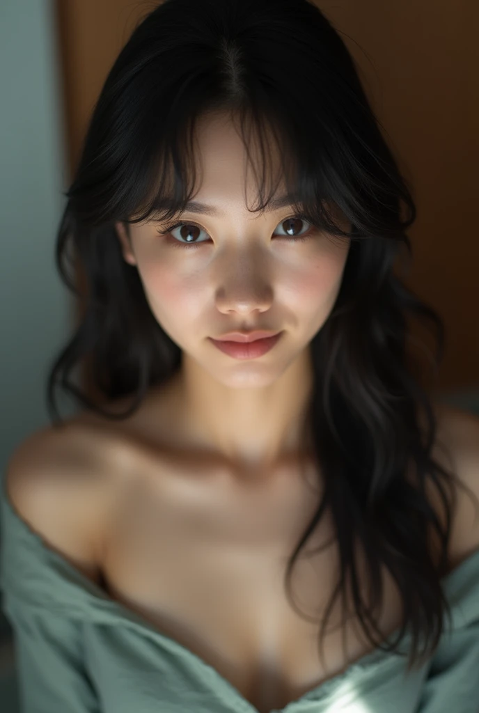 ((of the highest quality, 8k, RAW Photos, masterpiece :1.3)),brunette, (realist, realist:1.37), Very detailed, ultra high resolution, (Professional lighting), ((from above:1.2)),((Full body photo)), small breasts, perfect face, Beautiful expression, beautiful face, pretty eyes, 1 high school girl, beautiful girl, beautiful black hair, Natural lighting, (direct light:0.4), 8mm film grain, photographed on a Sony a9 II, 24mm lens, f/2.8 aperture, Deep focus,