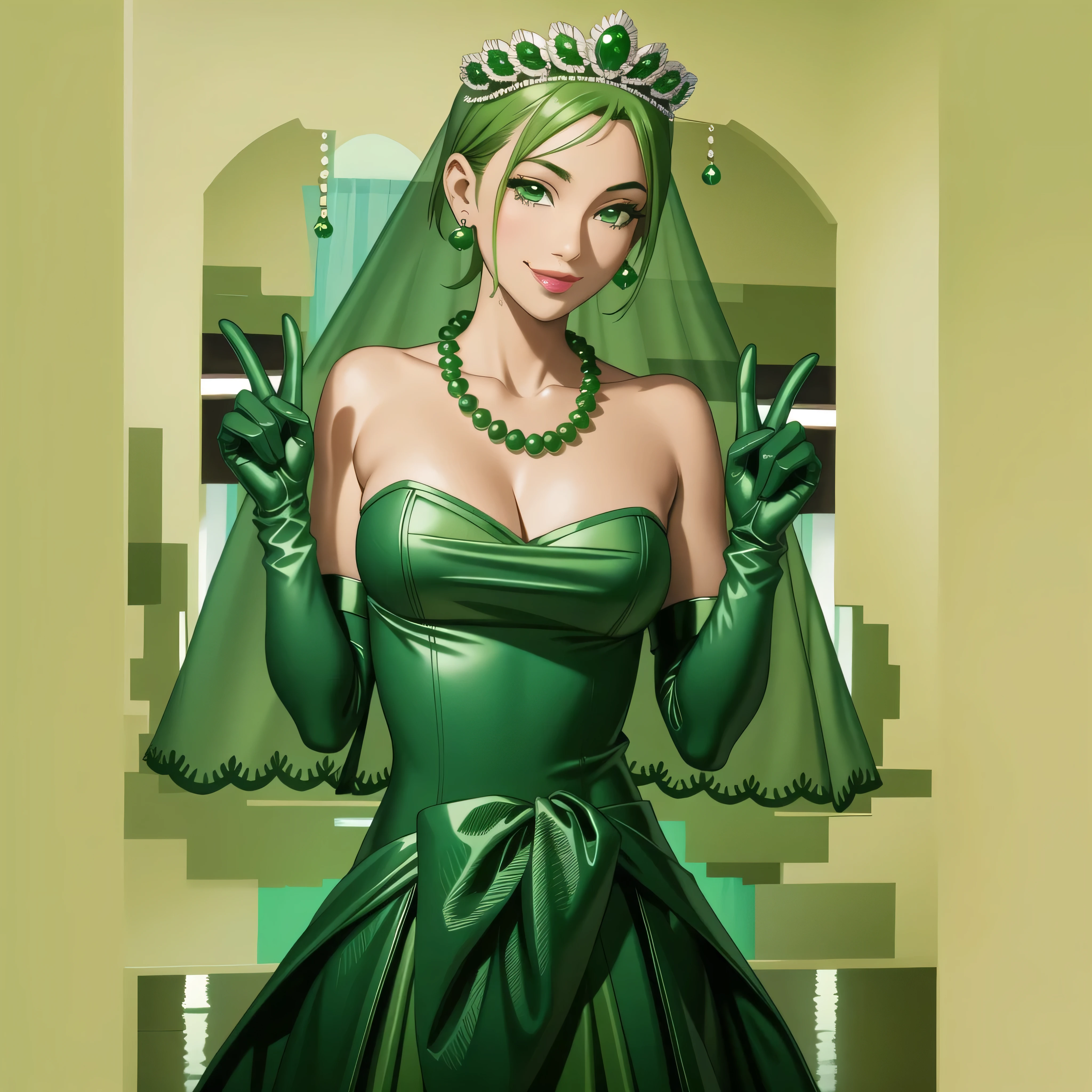 Emerald tiara, Green Pearl Necklace, Boyish very short green hair, Green Lips, Smiling Japanese woman, Very short hair, Busty beautiful lady, Green Eyes, Green satin long gloves, Green Eyes, Emerald Earrings, Green veil, all, Green Hair, Beautiful Japanese Woman, green lip gloss