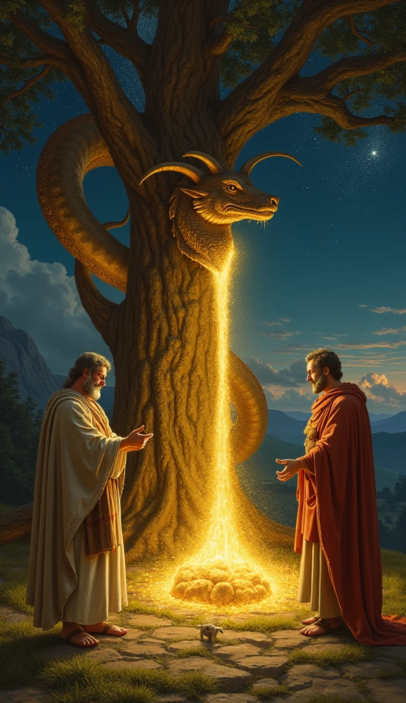 In gratitude, Phrixus sacrificed the ram and offered the golden fleece to the king., who hung him on a sacred oak tree, guarded by a dragon. Zeus placed Chrysomalus in the sky as the constellation Aries, symbolizing divine protection and sacrifice.