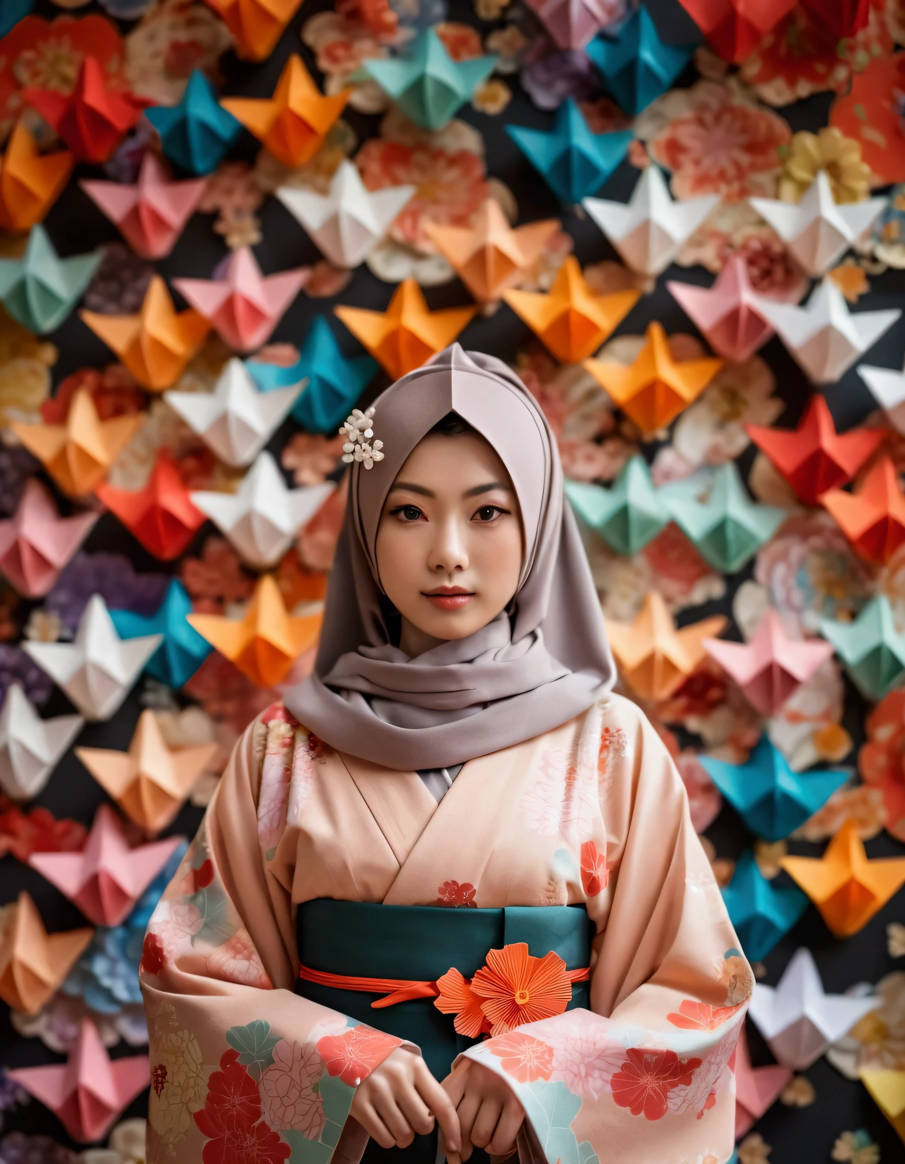 Foto shoot Indonesian woman in kimono hijab dress standing in front of a background of paper origami, anime style mixed with fujifilm, in kimono, by Torii Kiyomoto, in a kimono, official artwork, chiho, by Tan Ting-pho, wearing kimono, kimono, by Yanagawa Nobusada, japanese kimono, shikamimi, japanese goddess, fotography, cinematic,8k