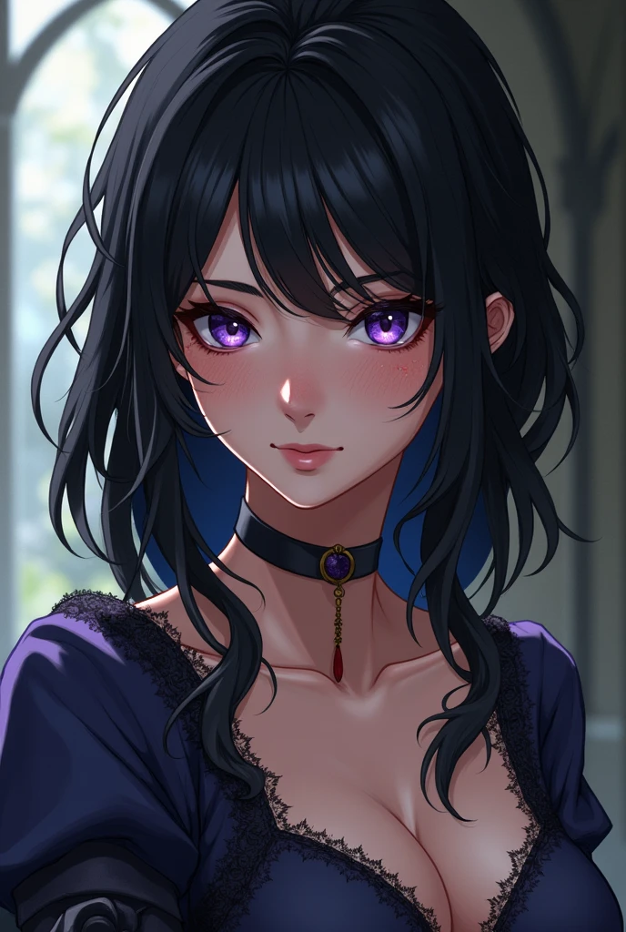 Fantasy Character, Woman, with shoulder length black hair and dark purple eyes. fair skin with freckles. scar on left cheek. Medieval era anime style.
