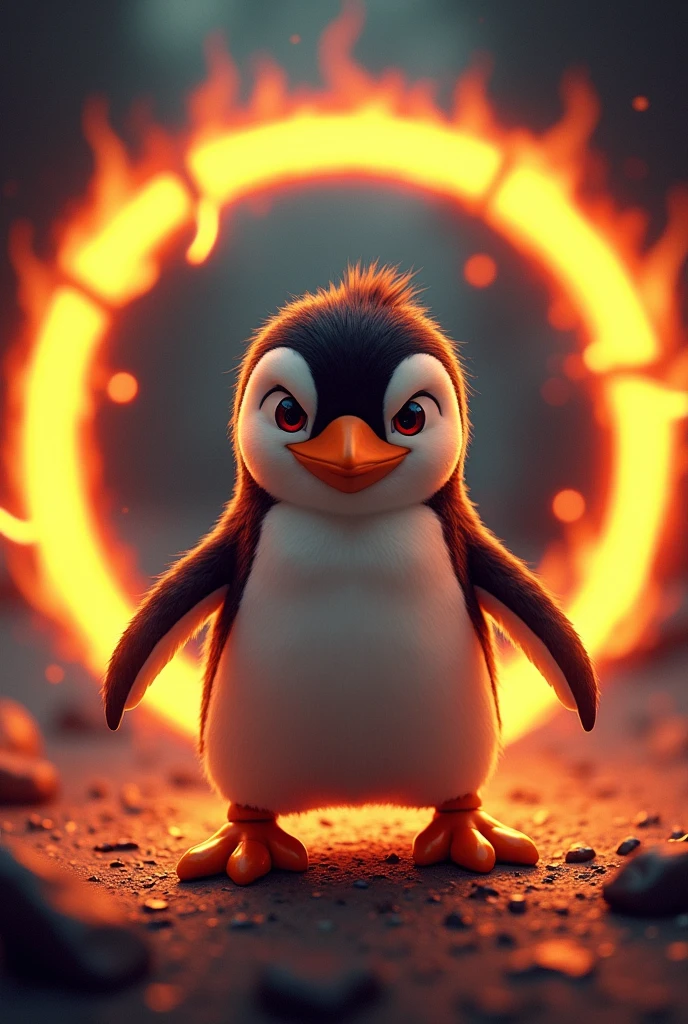 Cute penguin with the look of a killer fighter with a round illuminated frame in bright fire color with a dark background with magma cracks inside the circle