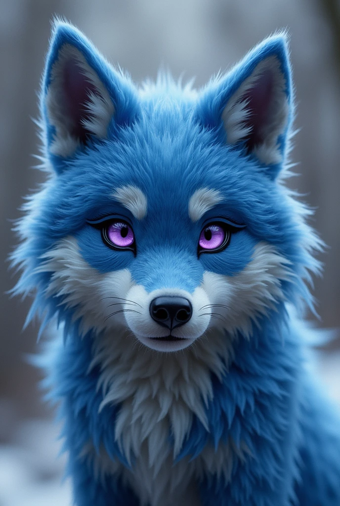 Create a furry wolf with blue fur and light purple eyes and a cumming cock
