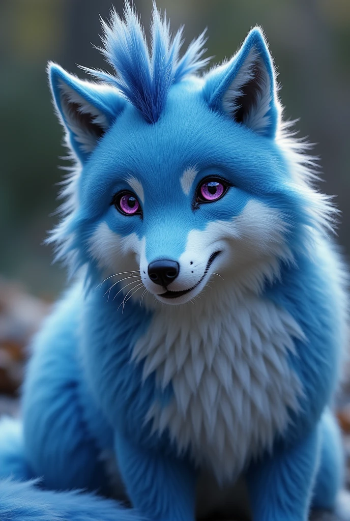 Create a furry wolf with blue fur and light purple eyes and a cumming cock