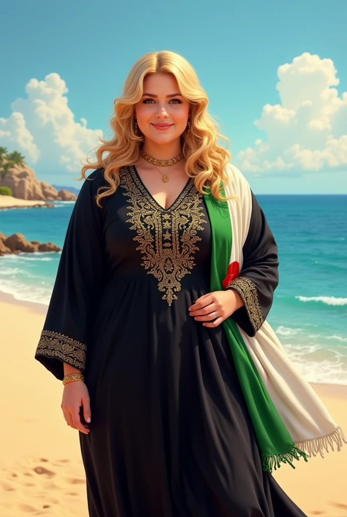 A blonde, plump woman, wearing a black, gold-embroidered abaya, and on her shoulder a scarf with the Algerian flag in white and green, looking directly at the camera, she is standing on a sandy beach . woman smiles sweetly.