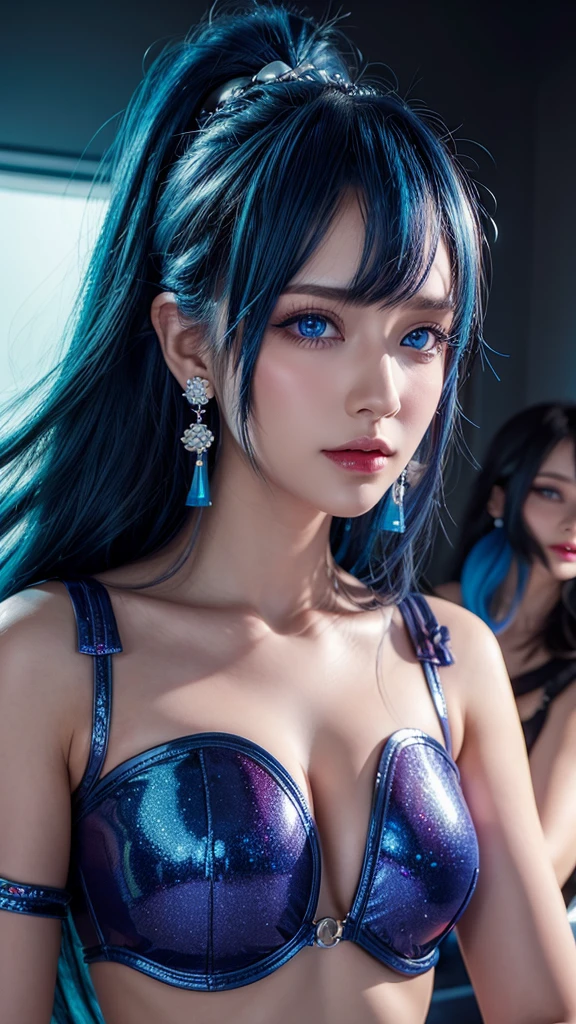 Three Girls, High resolution, blue eyes, accessories, Colorful Hair, Earrings, Large Breasts, Sparkle Effect, abstract, 3D Rendering, 8k octane, abstract表現主義,