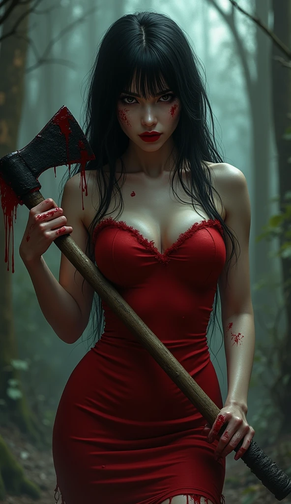 ((best qualityer: 0,8)), ((Masterpiece artwork)), (detailded), 1 girl, beautiful  face, long hair down to the butt black and straight, red and sexy dress, red heel, passionate lips, medium breasts, slightly fat, beautiful black eyes, pale skin, beautiful smiling. ax in hand, (glare eyes: 1,4), (bloody face and hands) scary folders.