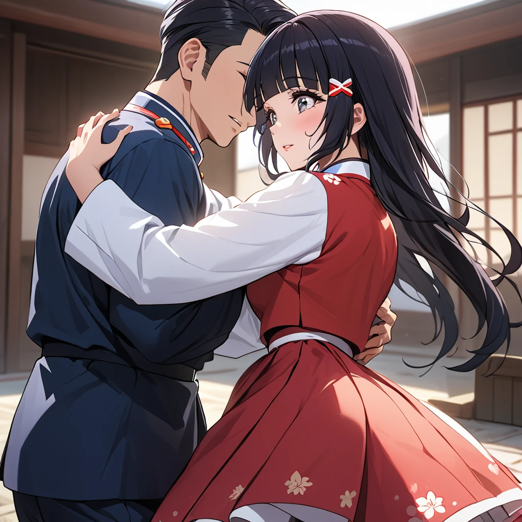 ((Highest quality)), ((masterpiece)), (detailed), (Perfect Face)、The woman is Reika Aoki with semi-long hair、The woman is a member of the North Korean pleasure squad, and wears an attractive North Korean traditional dress, dances for the general, and the man falls in love with her and proposes to her.