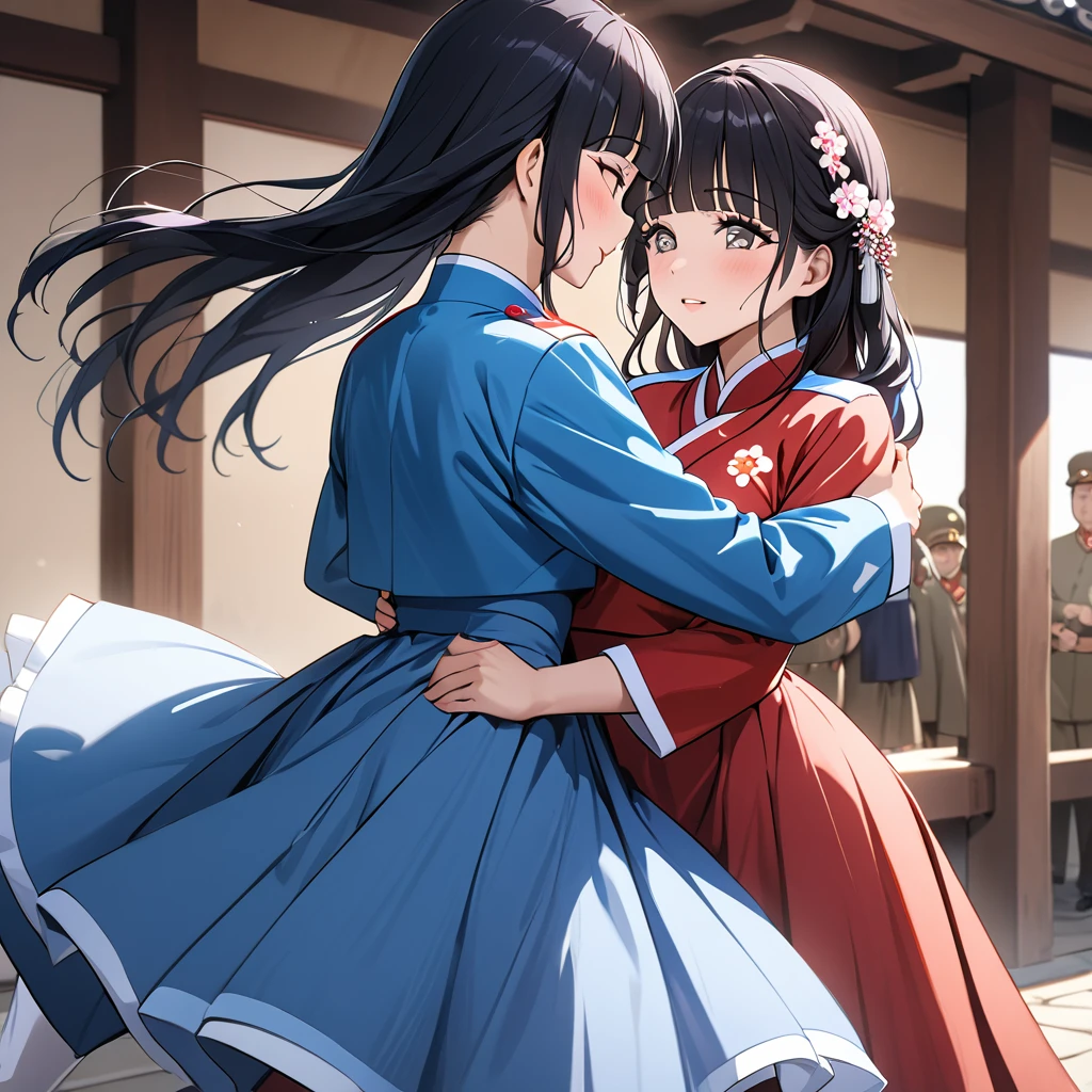 ((Highest quality)), ((masterpiece)), (detailed), (Perfect Face)、The woman is Reika Aoki with semi-long hair、The woman is a member of the North Korean pleasure squad, and wears an attractive North Korean traditional dress, dances for the general, and the man falls in love with her and proposes to her.
