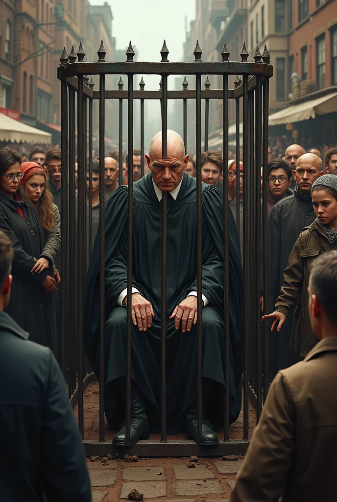 A hairless judge trapped in a cage in the middle of a crowd