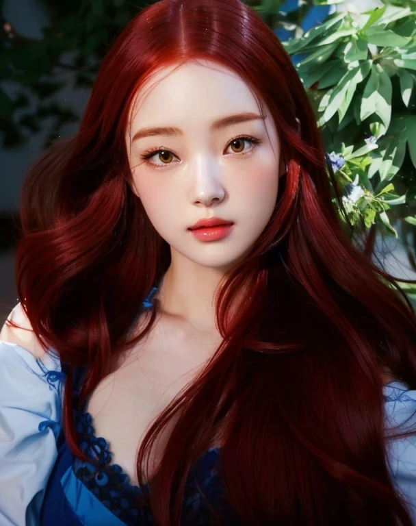 a close up of a woman with long red hair and a blue dress, realisitic. cheng yi, realisitic anime art style, realisitic artstyle, kawaii realisitic portrait, realisitic art style, realisitic anime artstyle, in the art style of bowater, guweiz style artwork, staight long shinning red hair, realisitic anime 3 d style, with long red hair, big breasts, heavy breasts