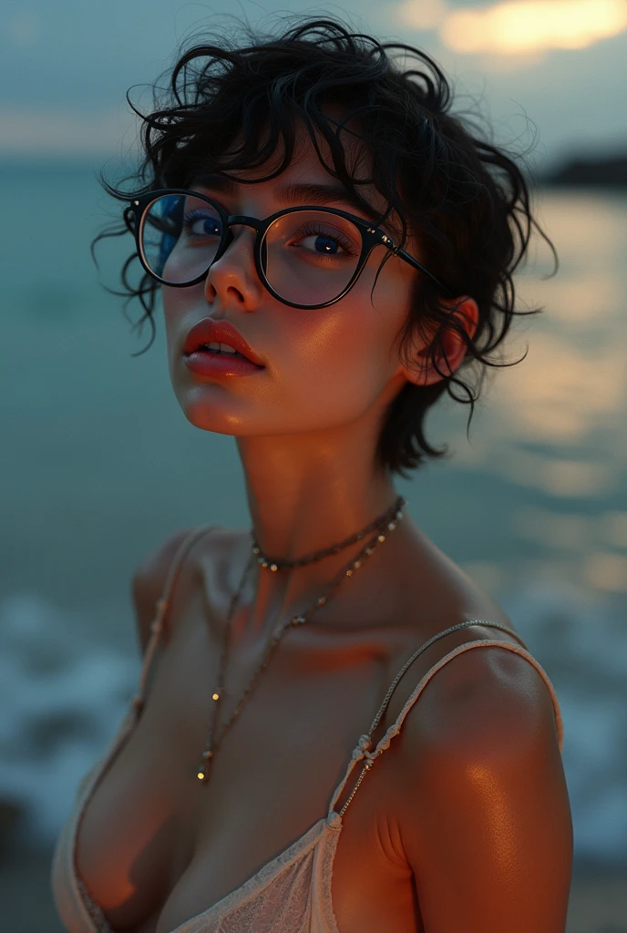 perfect hands、perfect fingers、perfect anatomy、1 female、ecstasy face、detailed eyes、Beautiful short hair、Curly hair、Very fine and bright eyes.、Fuller lips、Glasses、This image oozes reality.、Capturing the essence of delicate portraits、Digital art、Photorealistic and highly detailed technology.、(big breasts:1.7)、(wet body:1.3)、sweat、evening、(Beautiful lineuscular body.、Abdominal muscles、Oceanfront、(Beautiful legs can be seen through the slit.)、(Long fantasy dress:1.3)、droopy eyes、(angle from below:1.6)、hair ornaments、naked body
