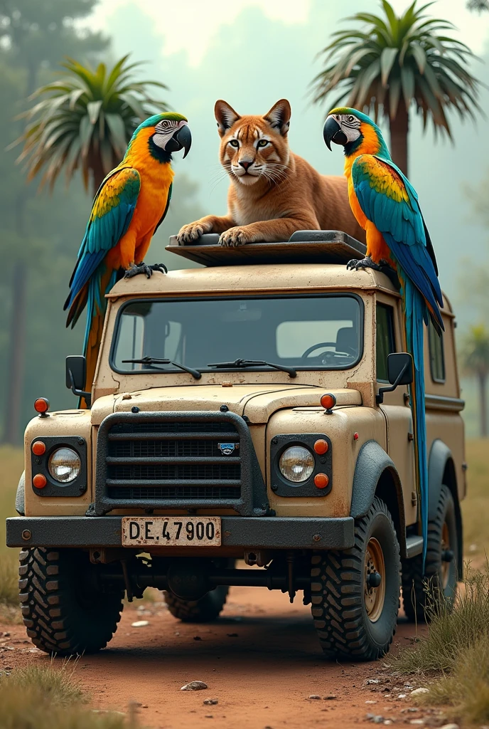 UAZ car stripped, to that image remove the tent from the car, Decorate it with a puma head and two macaws, Decorate the car with two decorative palm trees behind the macaws, on the car,

