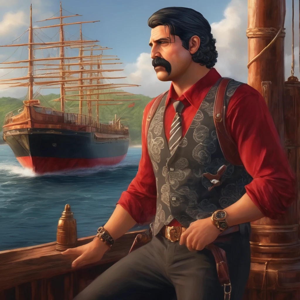 (masterpiece, Best Quality:1.2), 1 chico, thenahualli, Serious, dangerous man, elegant, elegant, black vest, red shirt, navigating a ship, Costa Rica, (((realistic, detailed, Photorealistic)))