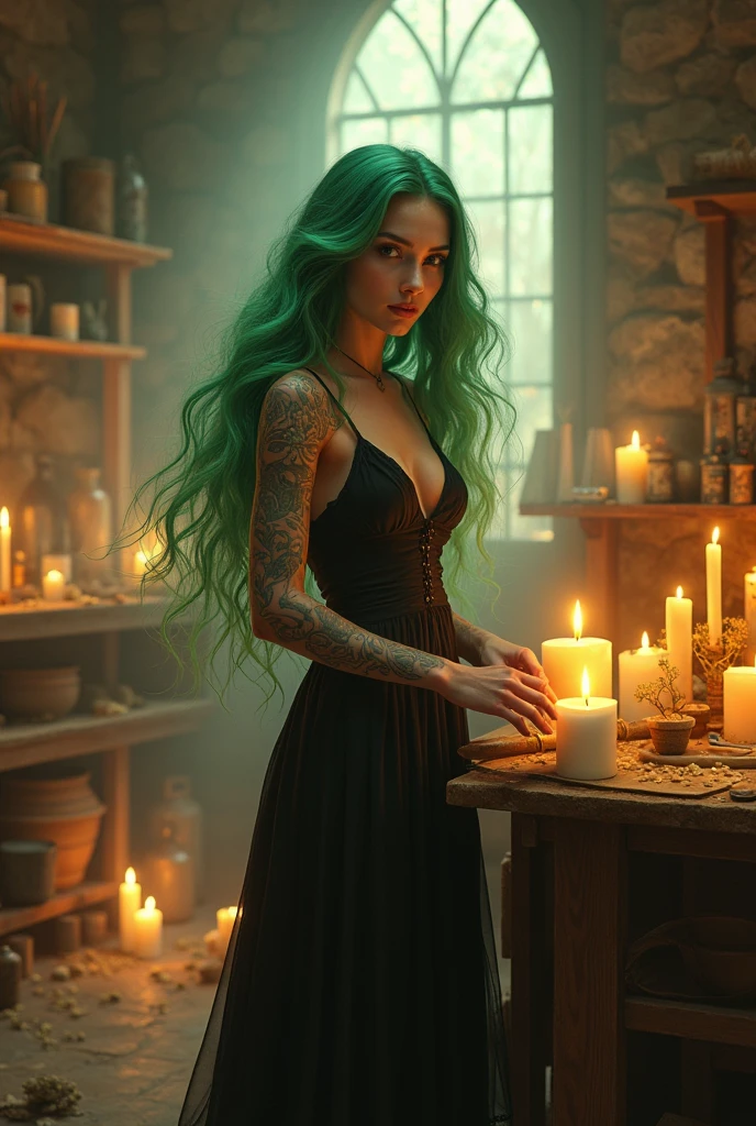 A woman tattooed on her arm with very long wavy green hair, white, with a black dress sun rays, Candle workshop, creating candles and magic 