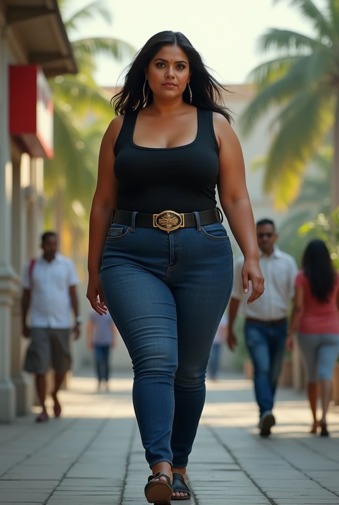 Hot Indian aunty wearing sleeveless tight t shirt with huge clevage and tight jeans. She has plus size fit but monstrous hourglass tight body figure. She is officer lady walking towards police station. She looks beautiful 