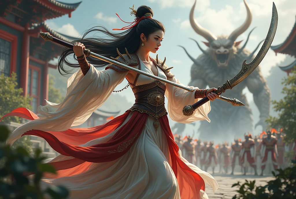 (best quality), detailed background, oriental nobless,warrior girl,combat arts,holding halberd,oni, monster army