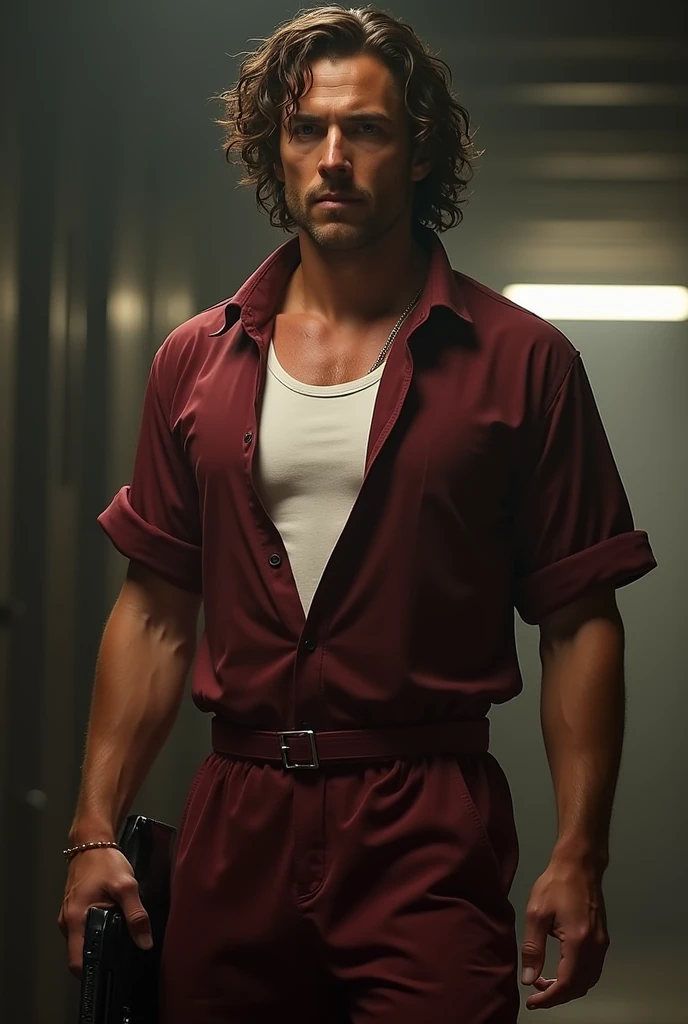 You can generate an image of a man dressed in a dark red jumpsuit but the top part is removed to the hip and he is wearing a white t-shirt showing his muscles., She has medium-long brown hair with curls, He is facing forward with his gaze fixed straight ahead holding a gun, a gun to be exact. Realistic style, type as another member of the successful Spanish series "The paper house Berlin"