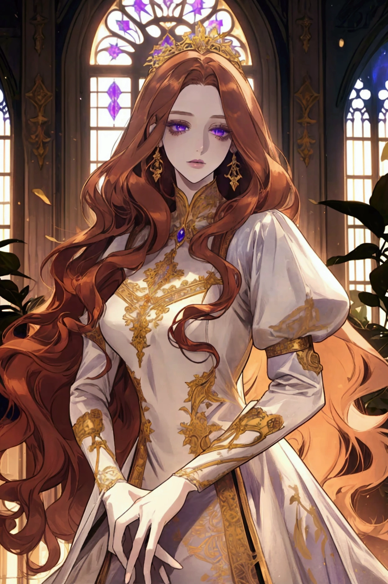 beautiful woman adult, serene, long curly hair, chestnut hair, violet eyes, pale white skin, blue-white empress dress detailed, indoors, cold lighting, plants in background, windows with sunlight, Imperial, castle, gold detailed, white room marble, standing, intricate details, warm colors