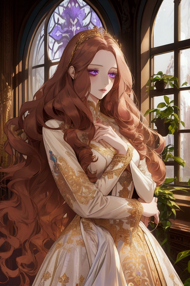 beautiful woman adult, serene, long curly hair, chestnut hair, violet eyes, pale white skin, blue-white empress dress detailed, indoors, cold lighting, plants in background, windows with sunlight, Imperial, castle, gold detailed, white room marble, standing, intricate details, warm colors