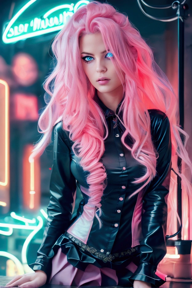 Medium round breasts, (1 mature Girl), ((neon light pink hair: 5.2, long and messy wavy, hair over one eye)))), blue eyes, double eyelids, light effect in the eyes, wide hips, blouse red long sleeve, tiny pleated skirt, naughty smile, ((sexy body)), solo, best quality, masterpiece, portrait, flirting with viewer, sensual pose, detailed, perfect anatomy, detailed art, high definition, 4k , high resolution, inside the country house
