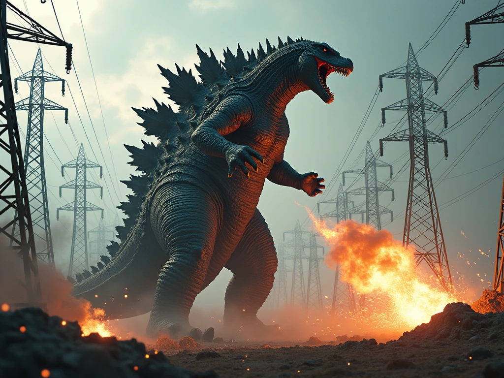 realistic photograph of giant Godzilla walking among an electrical distribution plant full of electrical towers, Godzilla walks among the towers destroying the towers with a punch, electrical lightning and electrical sparks fly off the destroyed towers.