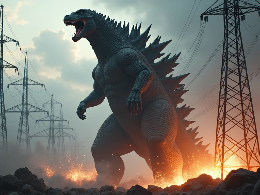 realistic photograph of giant Godzilla walking among an electrical distribution plant full of electrical towers, Godzilla walks among the towers destroying the towers with a punch, electrical lightning and electrical sparks fly off the destroyed towers.