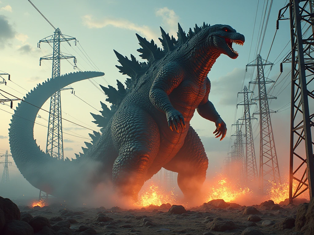 realistic photograph of giant Godzilla walking among an electrical distribution plant full of electrical towers, Godzilla walks among the towers destroying the towers with a punch, electrical lightning and electrical sparks fly off the destroyed towers.