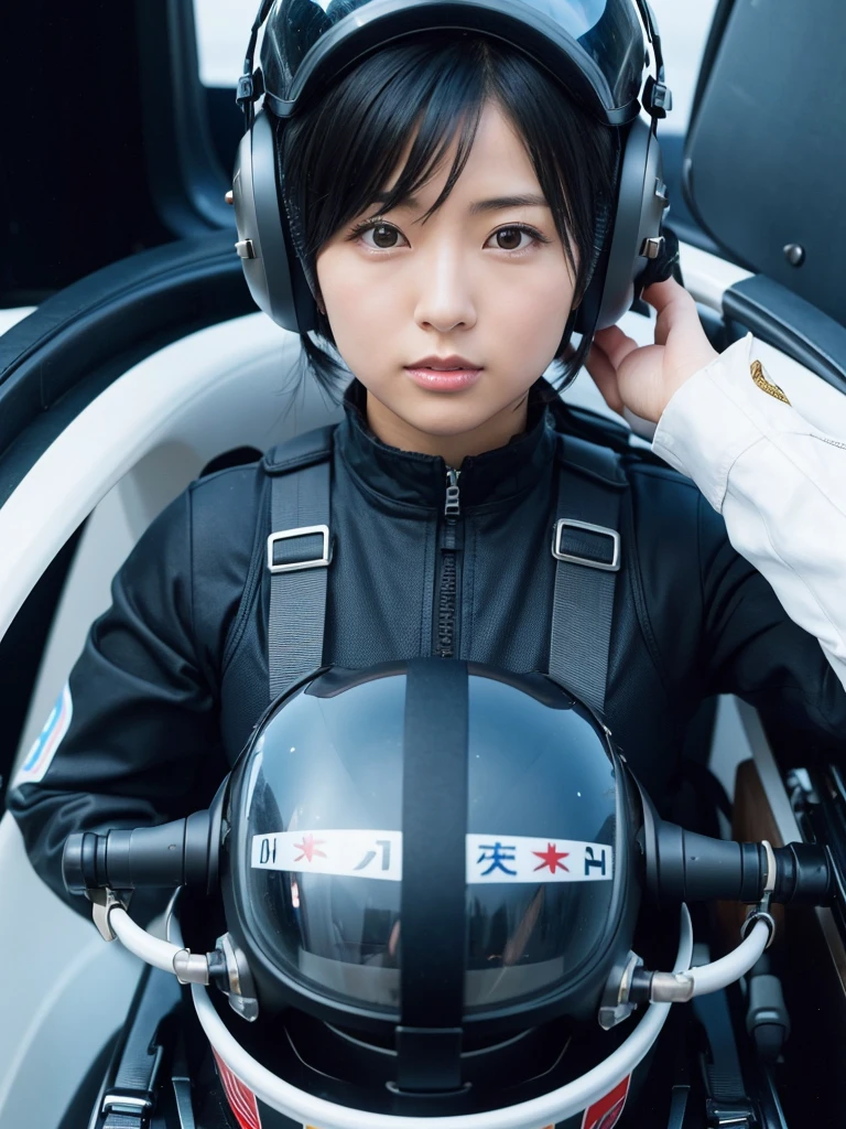 Japanese female air force pilots,Black Hair,Fighting in a fighter jet,He is completely secured to his cockpit seat by a thick harness.,Plump,Slightly thicker,Squat,Helmet,