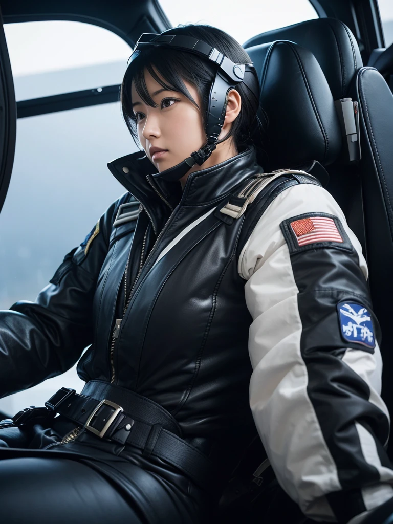 Japanese female air force pilots,Black Hair,Fighting in a fighter jet,He is completely secured to his cockpit seat by a thick harness.,Plump,Slightly thicker,Squat,Helmet,