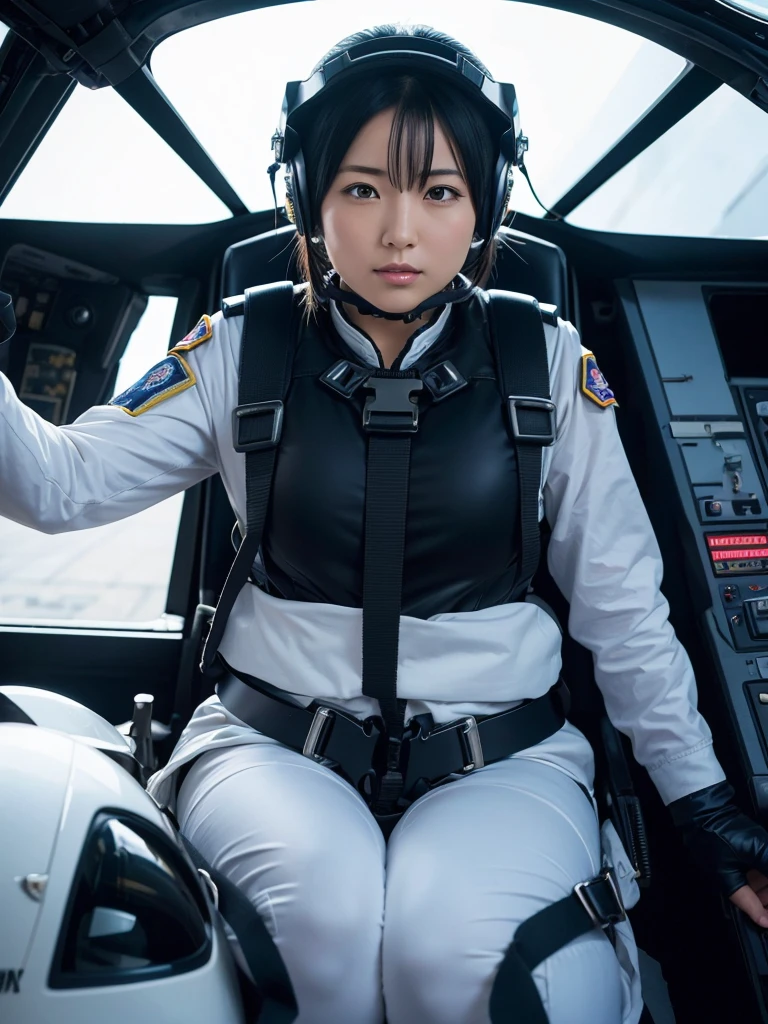 Japanese female air force pilots,Black Hair,Fighting in a fighter jet,He is completely secured to his cockpit seat by a thick harness.,Plump,Slightly thicker,Squat,Helmet,