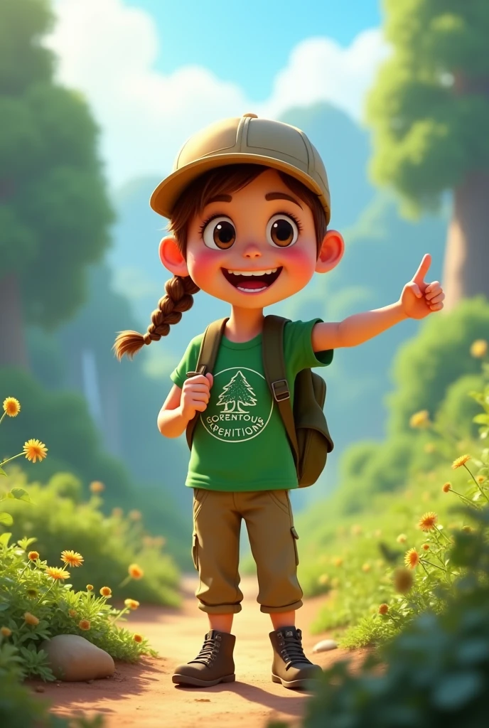 Create Disney Pixar Cartoon image of a girl with a ponytail and a cap, with a green t-shirt with a tree logo saying Greentou Expeditions, hiking pants and shoes, with a backpack on his back, pointing to a place.