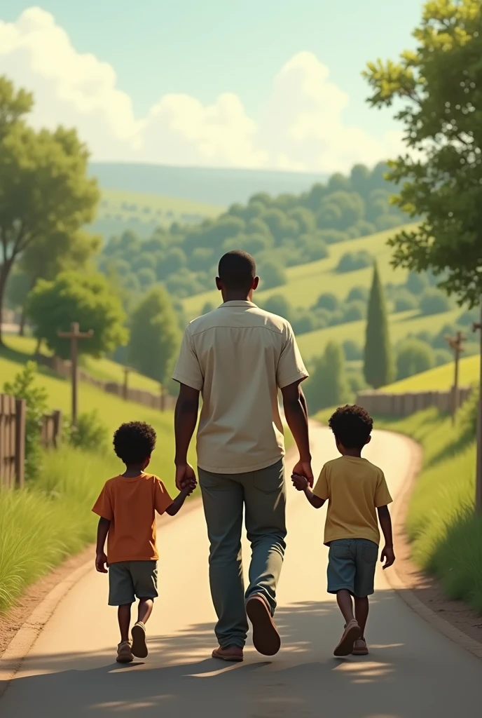 A black man holding two boys by hand on the side of the a tar road