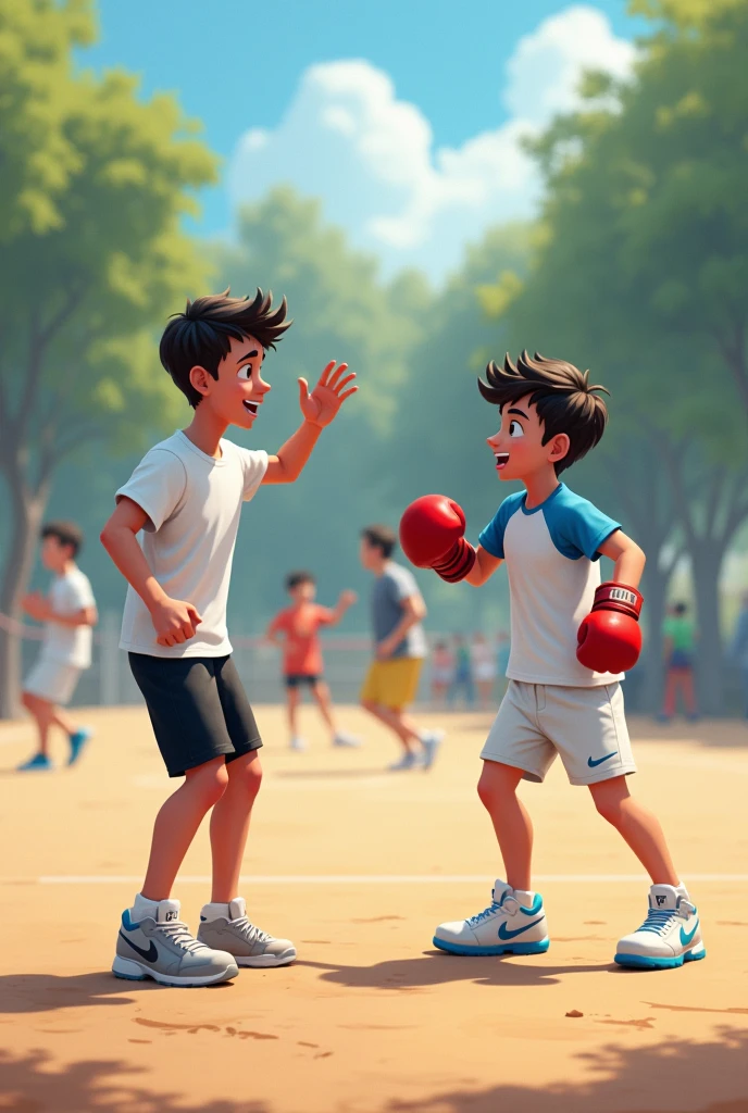 It seems that Cristian and Israel like different sports. Cristian prefers football (soccer), while Israel enjoys playing tennis. Everyone has their own favorite sport..
France laughs at them because she does kickboxing Cristian wears a white t-shirt with black shorts Israel wears a white t-shirt with blue sleeves and white shorts France wears kickboxing gloves