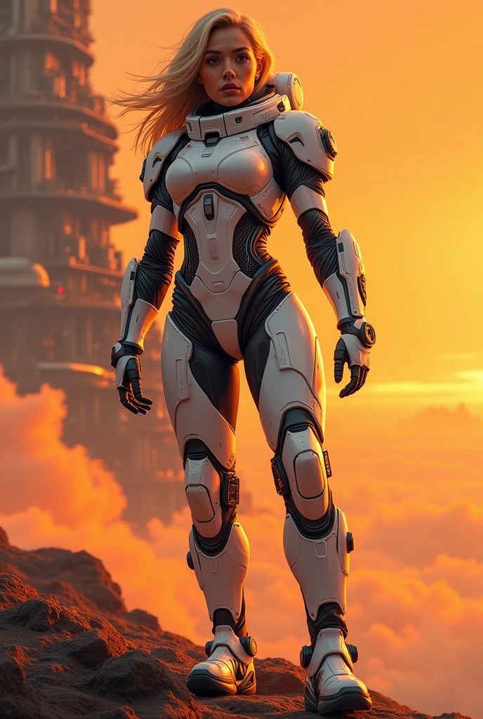 arafed image of a woman in a futuristic suit with a spaceship in the background, movie art, in front of an orange background, inspired by Robert McGinnis, female protagonist, megastructure in the background, portrait of an ai astronaut, astronauts, an astronaut, portrait of a astronaut skeletor, perfect android girl, frank franzzeta and sakimichan