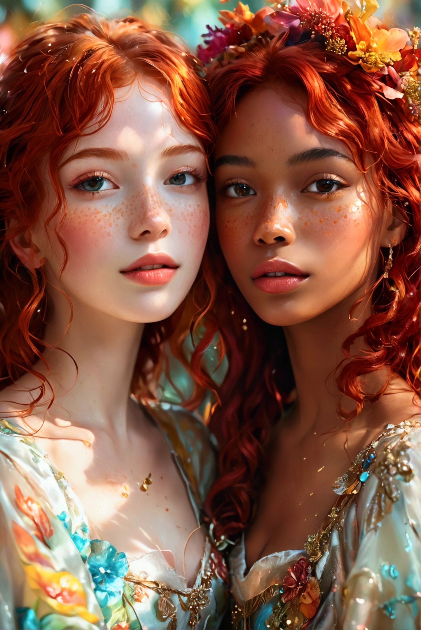 A beautifully detailed portrait of two joyful girls celebrating, their skin glowing with a vibrant, melting color palette, one with fiery red hair and freckles, the other with warm, rich brown skin, long eyelashes and full lips, both adorned in vibrant, flowing dresses, surrounded by a dreamlike, ethereal background of swirling, vibrant colors, masterfully rendered with a high level of detail and realism, soft lighting and a romantic, whimsical atmosphere.