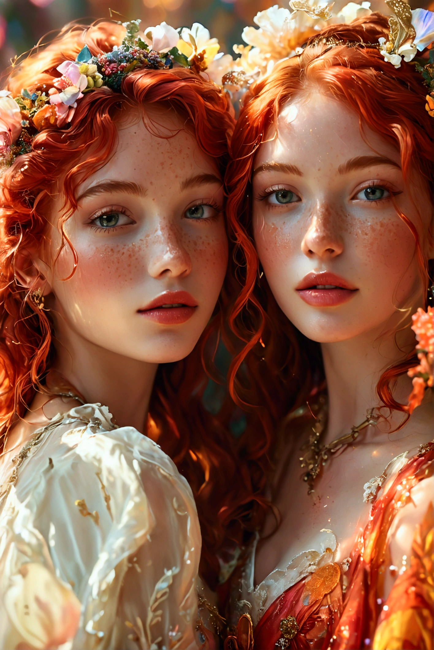 A beautifully detailed portrait of two joyful girls celebrating, their skin glowing with a vibrant, melting color palette, one with fiery red hair and freckles, the other with warm, rich brown skin, long eyelashes and full lips, both adorned in vibrant, flowing dresses, surrounded by a dreamlike, ethereal background of swirling, vibrant colors, masterfully rendered with a high level of detail and realism, soft lighting and a romantic, whimsical atmosphere.