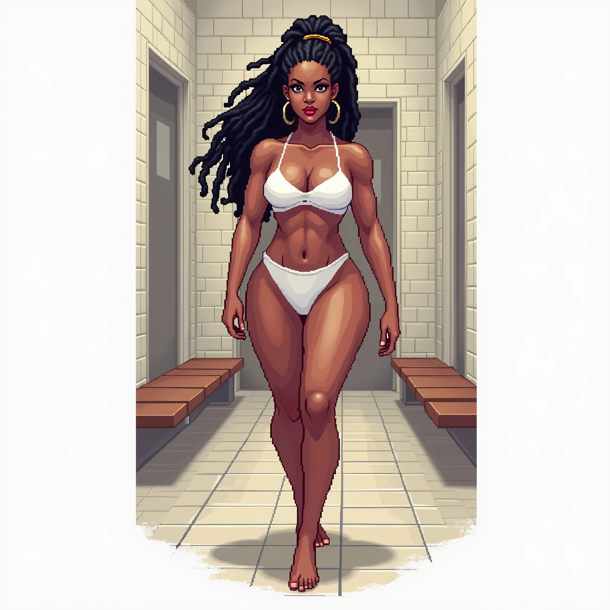 (masterpiece, best quality)), ((((perfect anatomy)))), Curvy Brazilian woman with tied back black dreadlocks, dark eye-shadow, dark red lipstick, dark brown eyes, white bra , (((white high cut cotton panties))), smiling, big hips, walking around in a locker-room, ((pixel art, pixel))