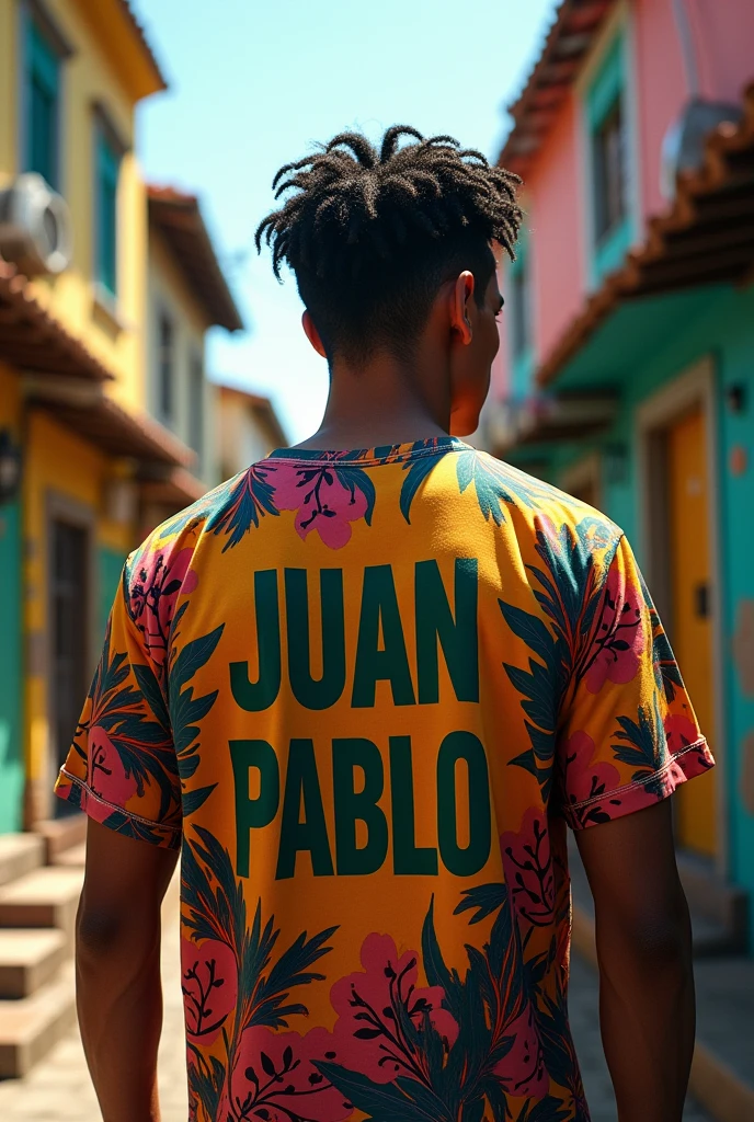 A Brazilian in a favela with a Brazilian shirt that says Juan Pablo with his back turned and with Richard Rios' hair