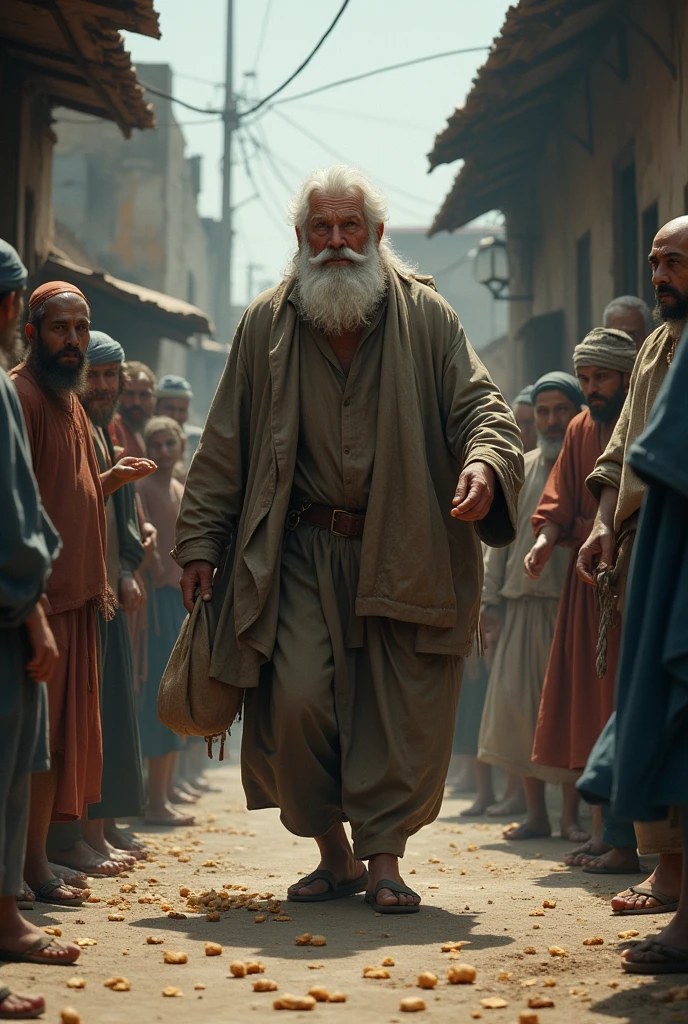 naughty man , height of 1.6 meters,older ,short white hair ,white bearded, throwing bread crumbs on the floor, poor people picking up bread crumbs from the floor.
