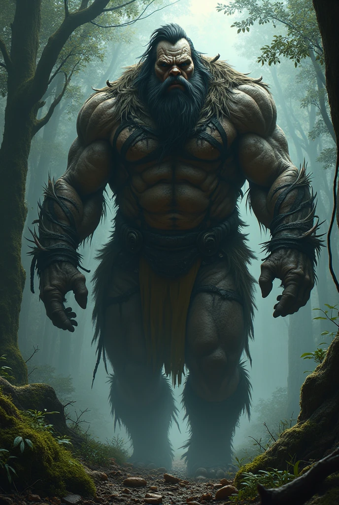 big monster man muscle-fat, from the woods, big beard and leather armor, hoodie, hair slicked back