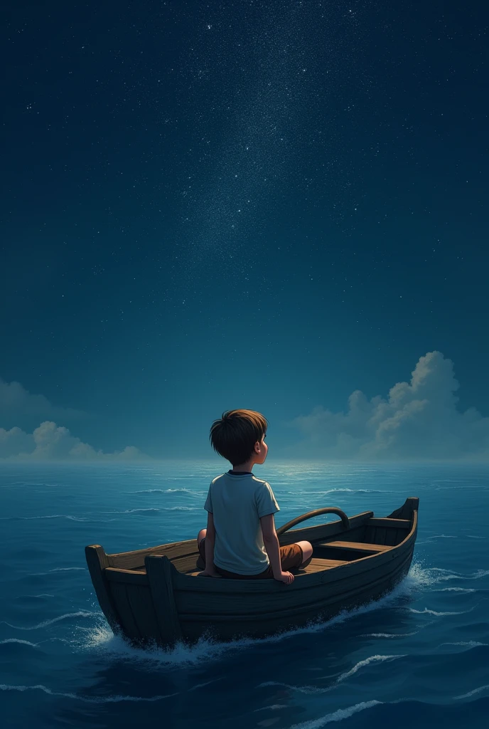 A brown-haired boy watching the black night sky full of stars in the middle of the sea, sitting in a small wooden boat
